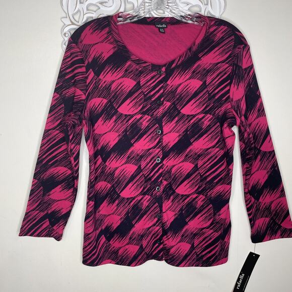 RAFAELLA Women's MEDIUM Sweater Button Front 3/4 Sleeves BLACK Dark PINK NWT - Picture 2 of 16